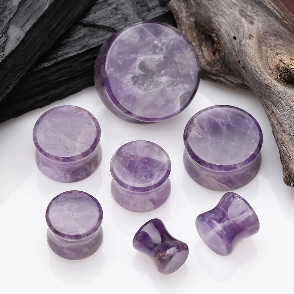 A Pair of Amethyst Quartz Stone Double Flared Ear Gauge Plug - Image 3