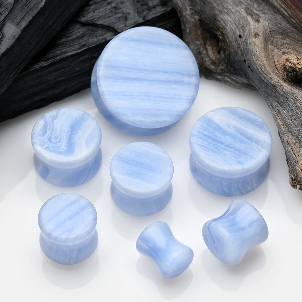 A Pair of Blue Lace Agate Stone Double Flared Ear Gauge Plug - Image 3