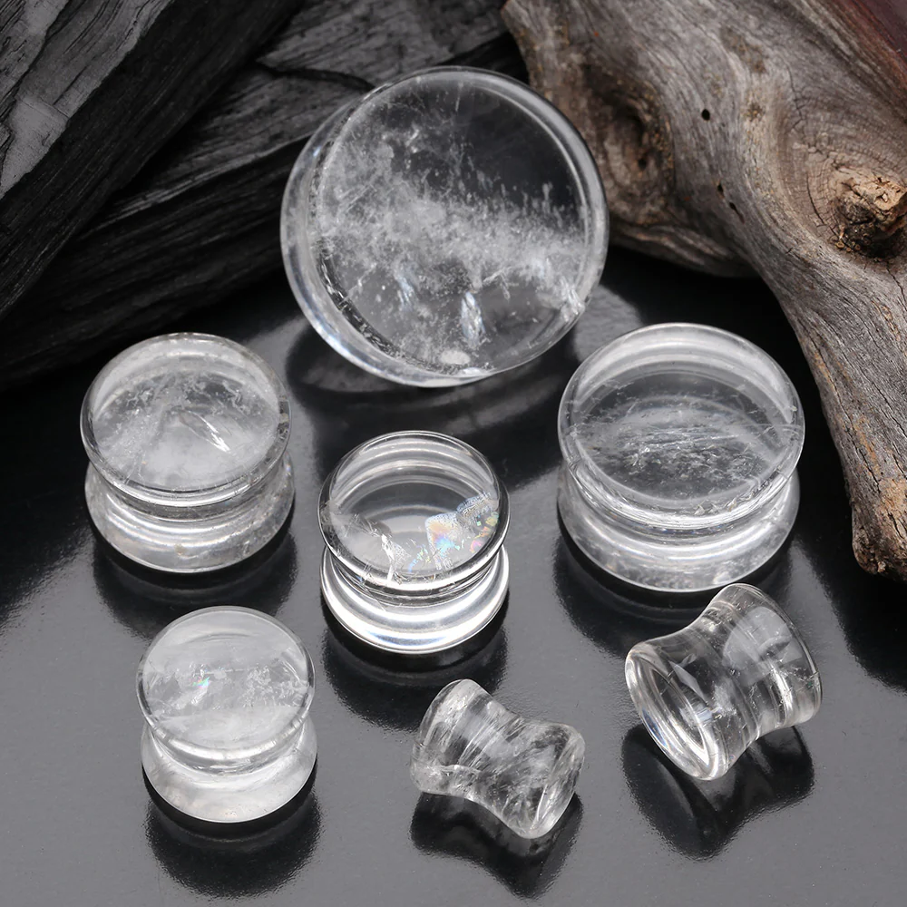 A Pair of Crystal Quartz Stone Double Flared Ear Gauge Plug - Image 3
