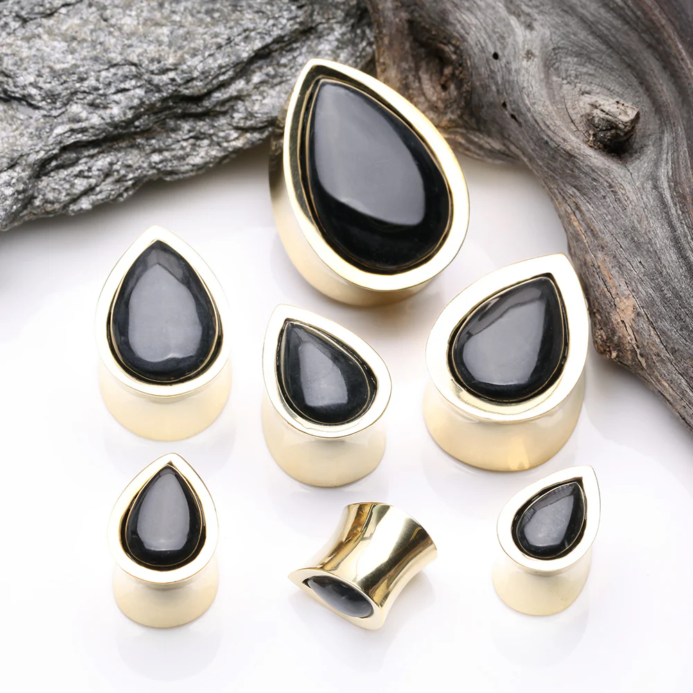 A Pair of Golden Brass Bali Black Onyx Stone Inlay Teardrop Double Flared Plug - Image 3