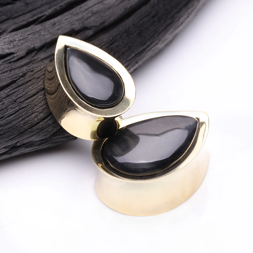 A Pair of Golden Brass Bali Black Onyx Stone Inlay Teardrop Double Flared Plug - Image 4