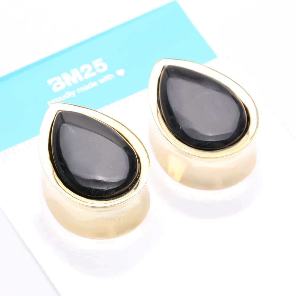 A Pair of Golden Brass Bali Black Onyx Stone Inlay Teardrop Double Flared Plug - Image 5