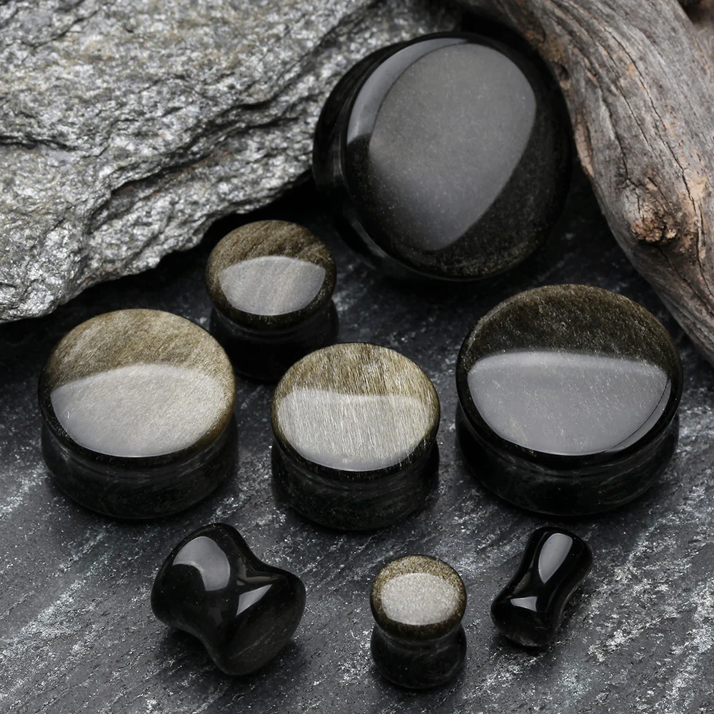 A Pair Of Golden Obsidian Stone Double Flared Ear Gauge Plug - Image 3
