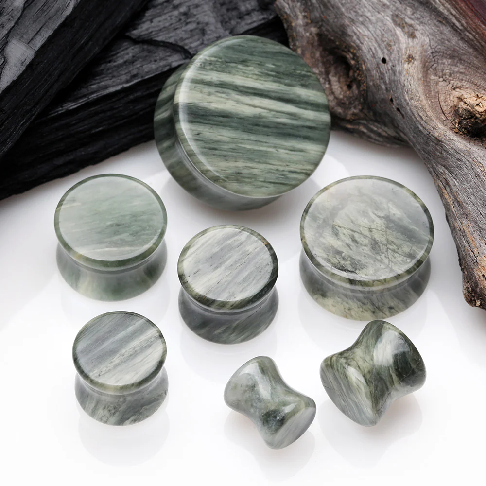 A Pair of Green Line Jasper Stone Double Flared Ear Gauge Plug - Image 3