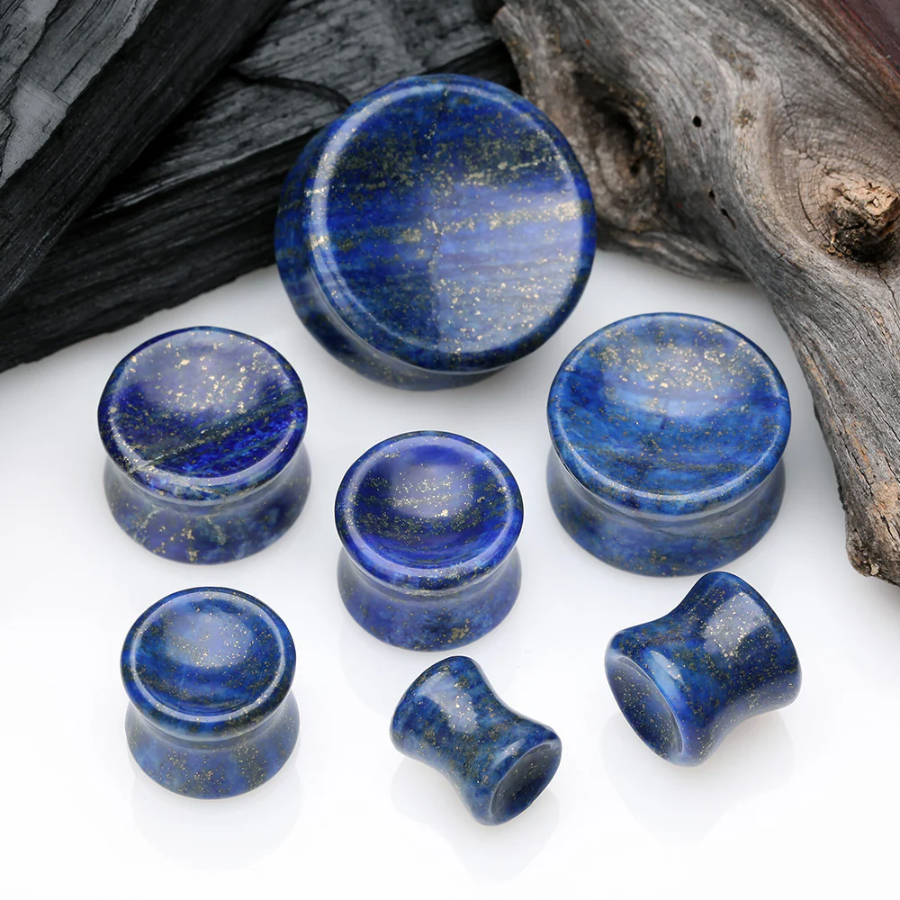 A Pair of Lapis Lazuli Concave Stone Double Flared Ear Gauge Plug - Image 3