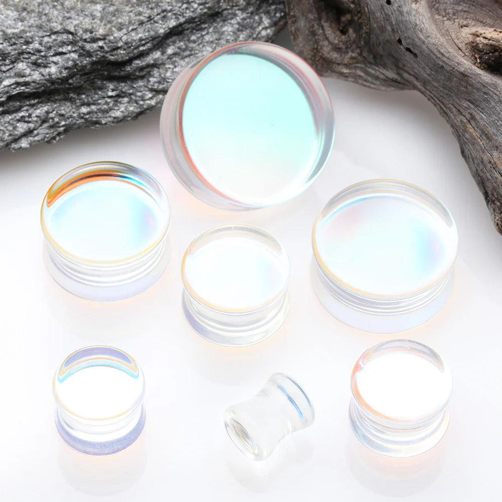A Pair of Luminous Iridescent Flat Glass Double Flared Plug - Image 3