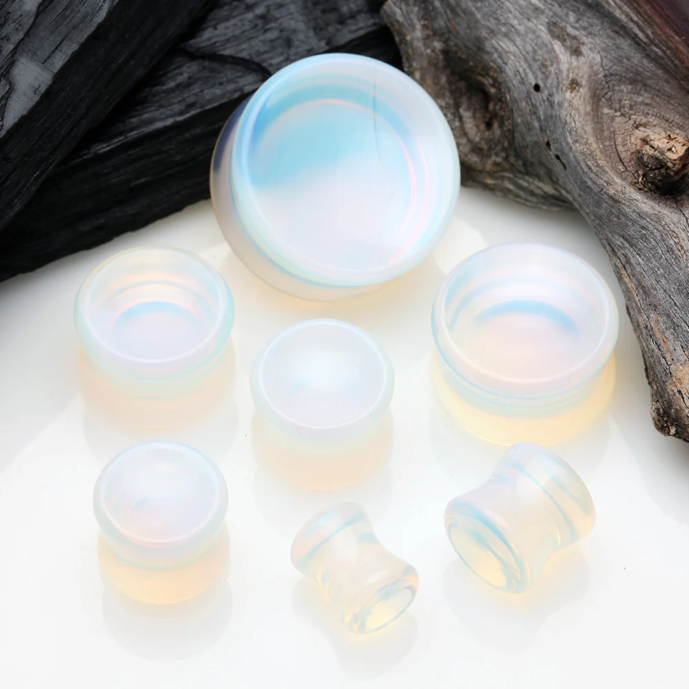 A Pair of Opalite Concave Stone Double Flared Ear Gauge Plug - Image 3