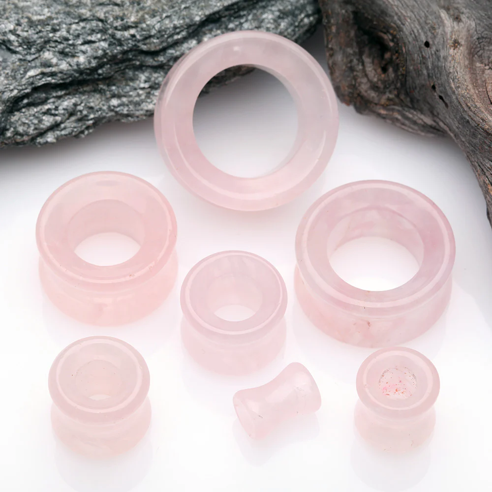 A Pair Of Pink Rose Quartz Stone Double Flared Eyelet Plug - Image 3