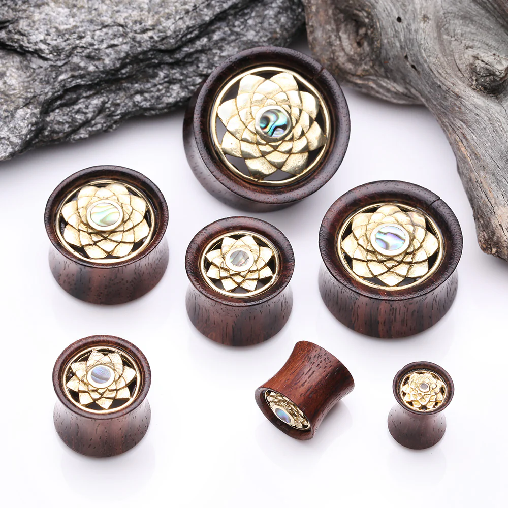 A Pair of Sacred Bali Abalone Lotus Brass Rosewood Double Flared Tunnel Plug - Image 3