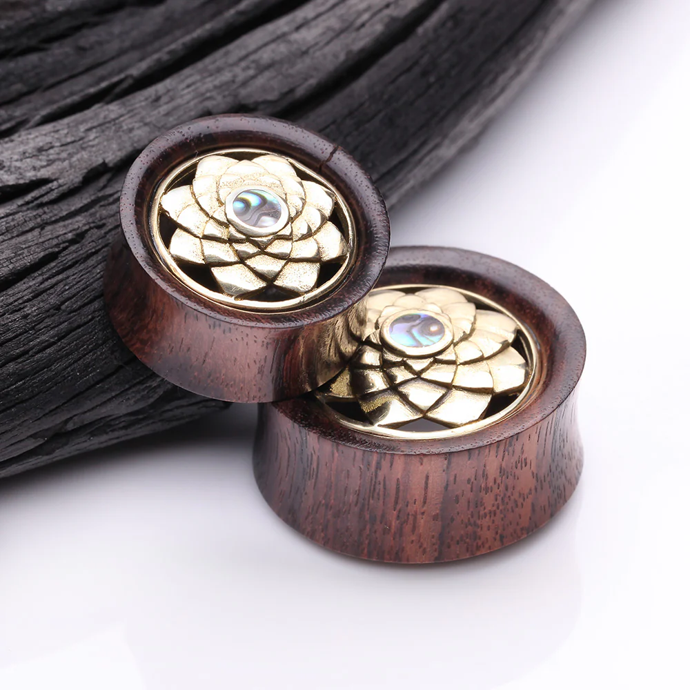 A Pair of Sacred Bali Abalone Lotus Brass Rosewood Double Flared Tunnel Plug - Image 4