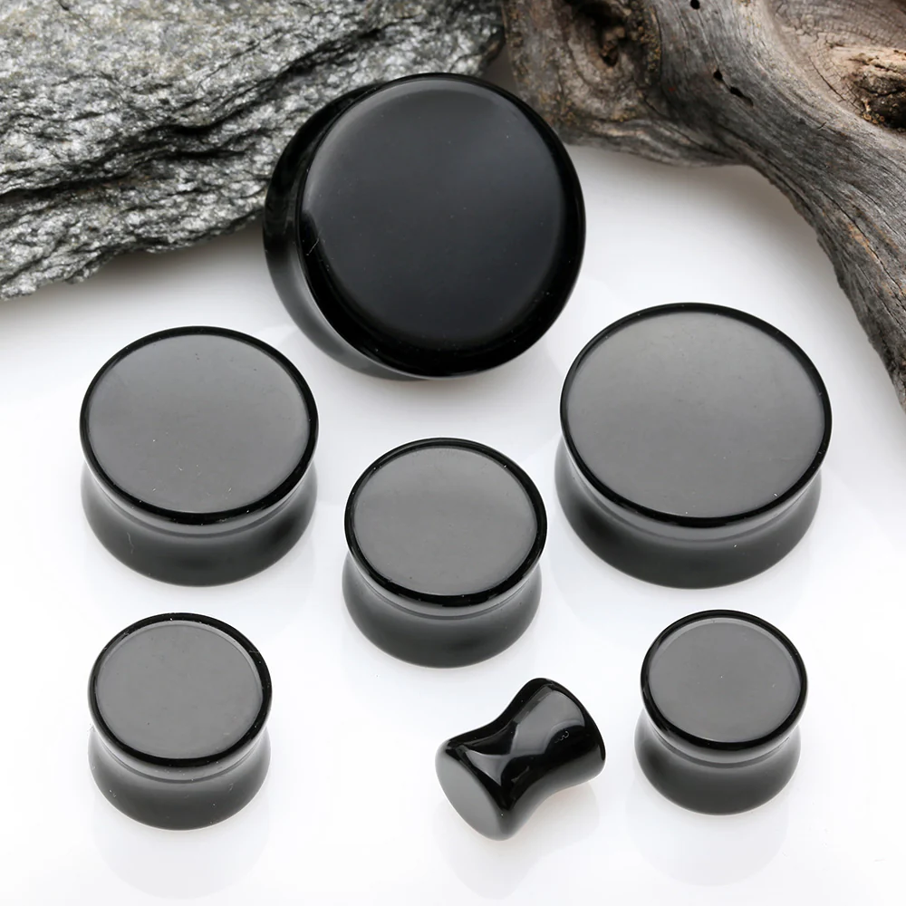 A Pair of Solid Black Flat Glass Double Flared Plug - Image 3