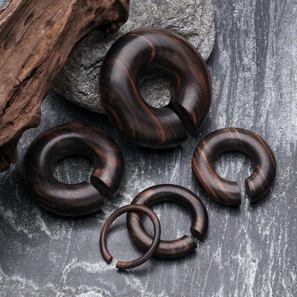 A Pair of Tiger Ebony Wood Hoop Hanger Plug - Image 3
