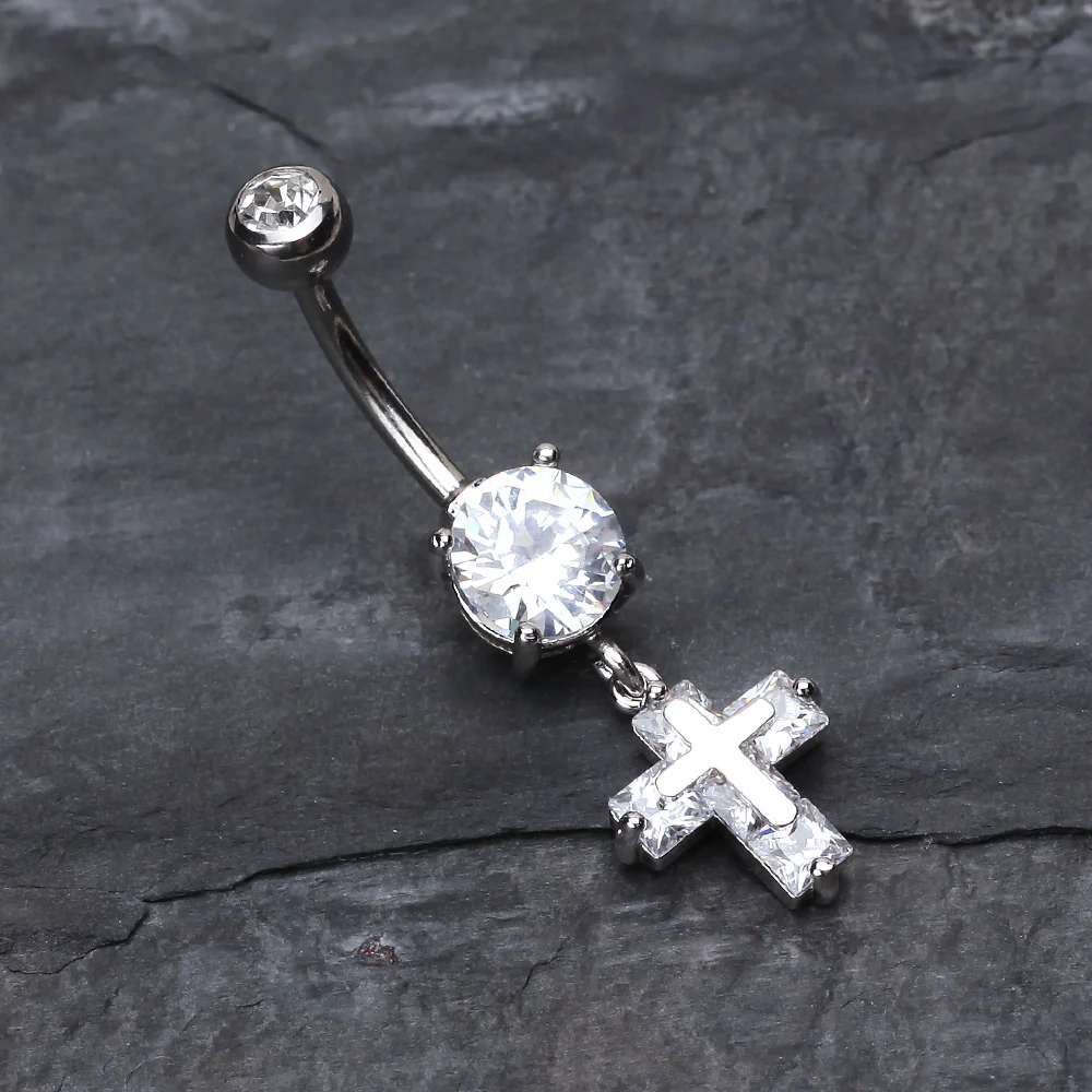 Cross on Cross Sparkle Belly Ring - Image 3