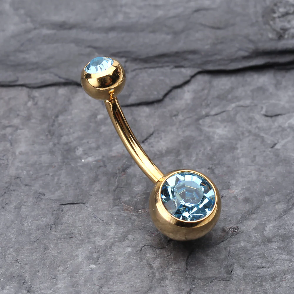 Gold PVD Double Gem Ball Steel Belly Button Ring - Image 3