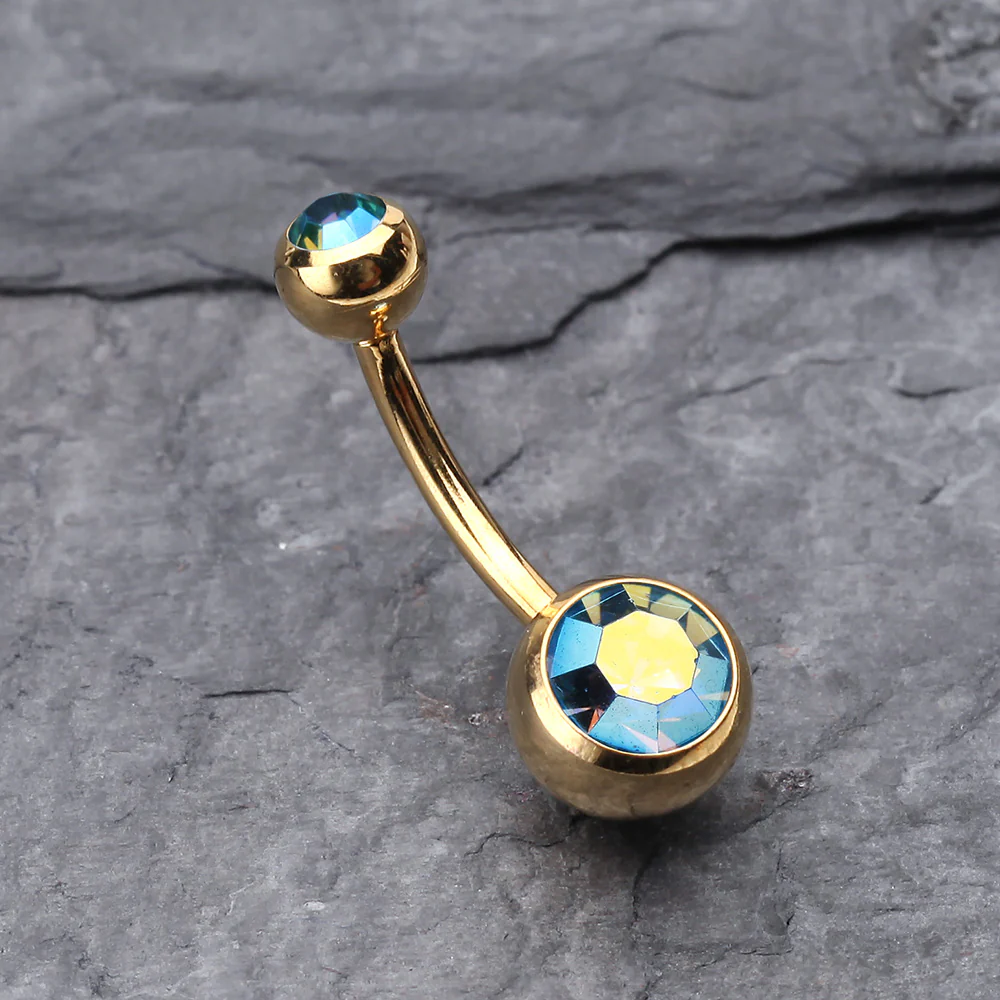 Gold PVD Double Gem Ball Steel Belly Button Ring - Image 3