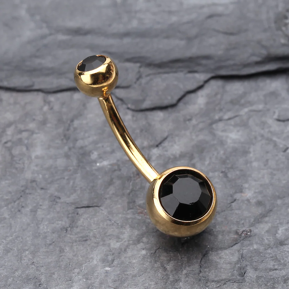 Gold PVD Double Gem Ball Steel Belly Button Ring - Image 3