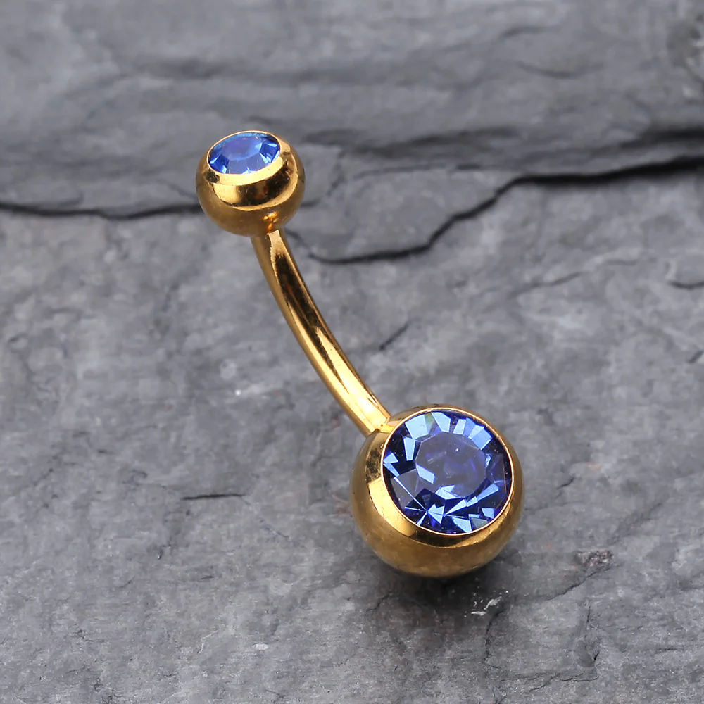 Gold PVD Double Gem Ball Steel Belly Button Ring - Image 3
