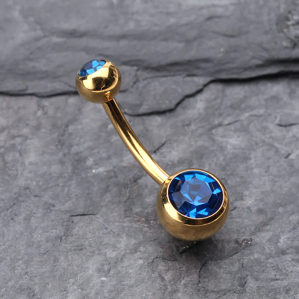 Gold PVD Double Gem Ball Steel Belly Button Ring - Image 3