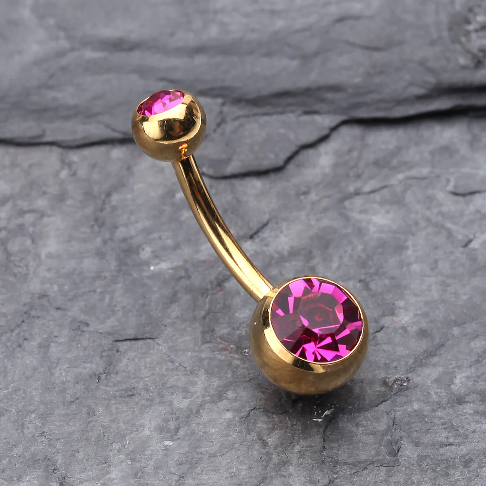 Gold PVD Double Gem Ball Steel Belly Button Ring - Image 3