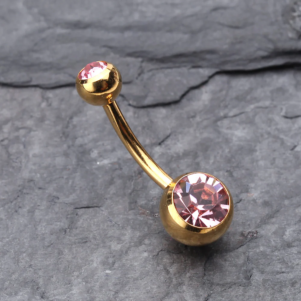 Gold PVD Double Gem Ball Steel Belly Button Ring - Image 3