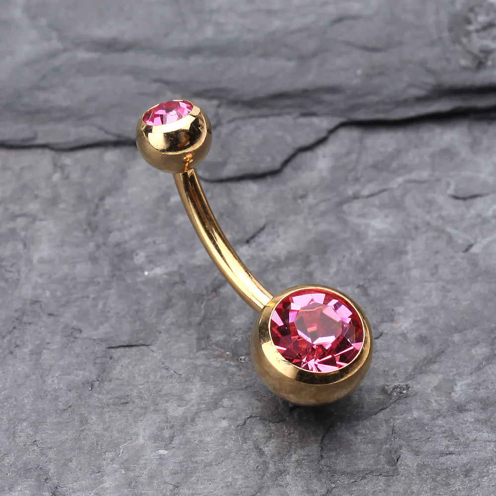 Gold PVD Double Gem Ball Steel Belly Button Ring - Image 3