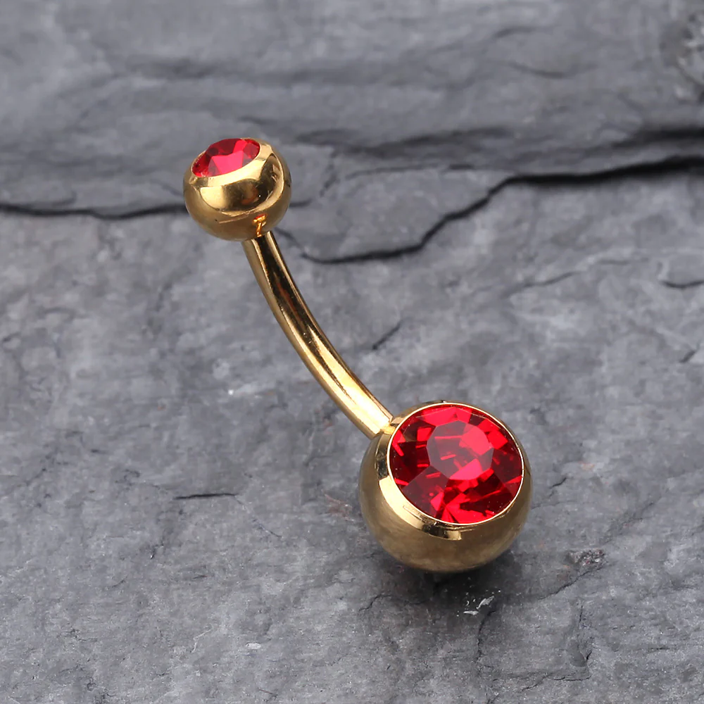 Gold PVD Double Gem Ball Steel Belly Button Ring - Image 3