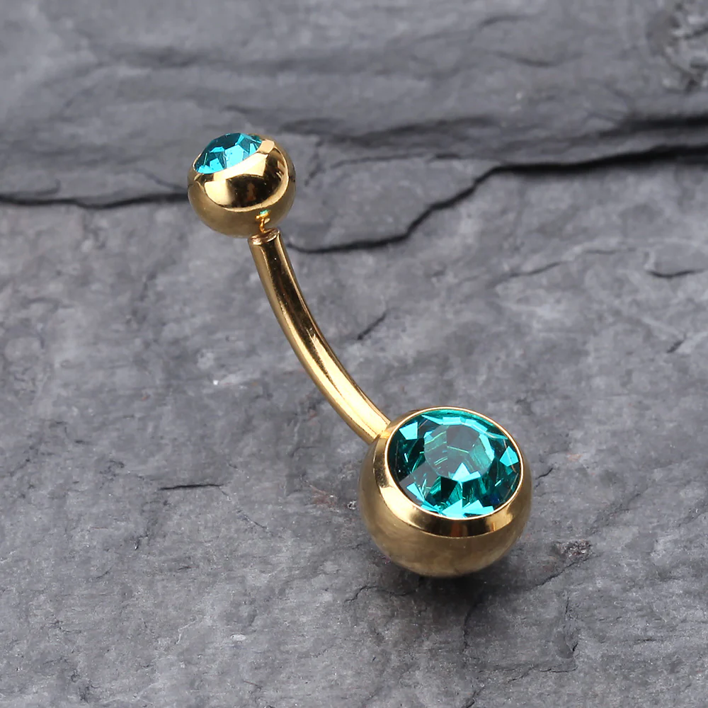 Gold PVD Double Gem Ball Steel Belly Button Ring - Image 3