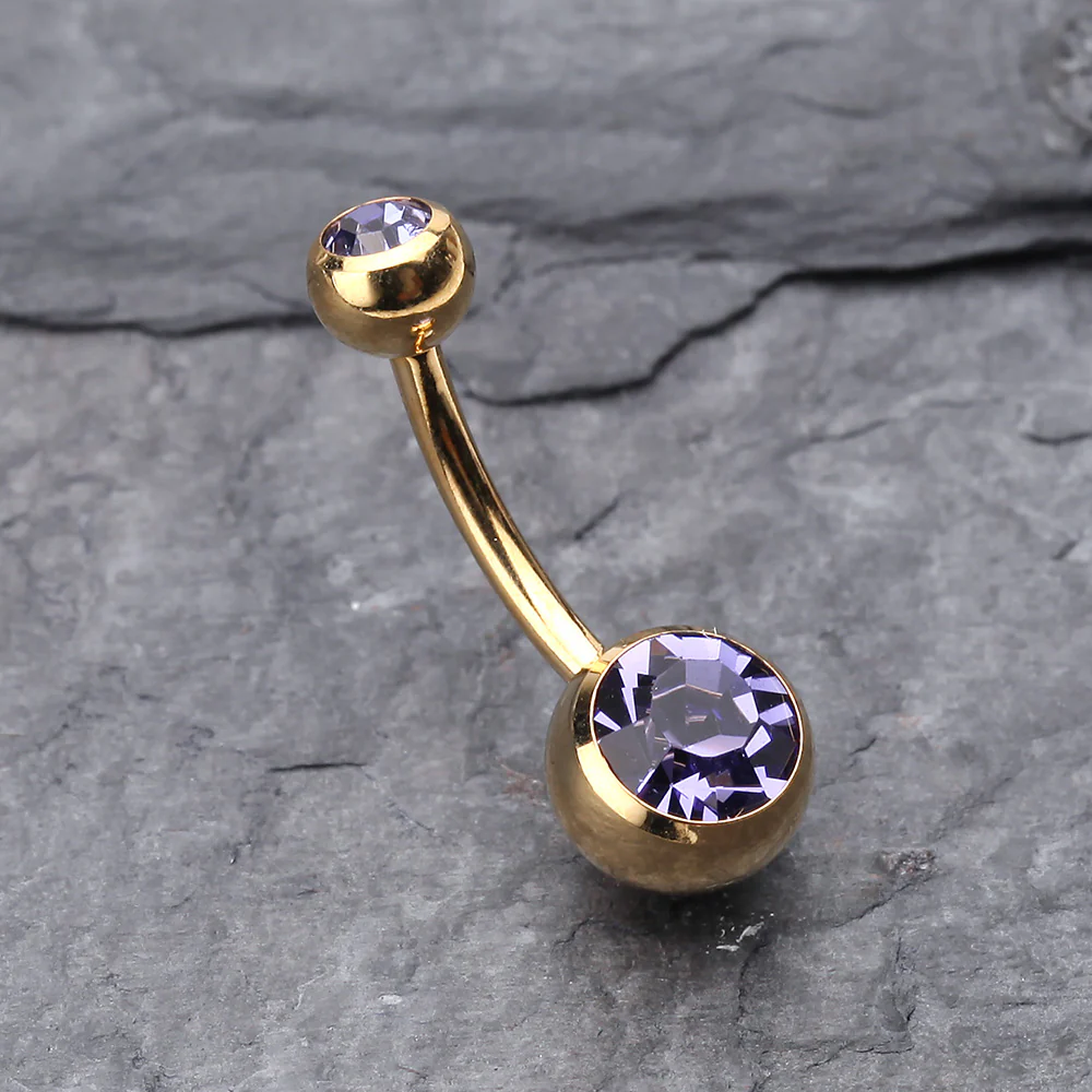 Gold PVD Double Gem Ball Steel Belly Button Ring - Image 3