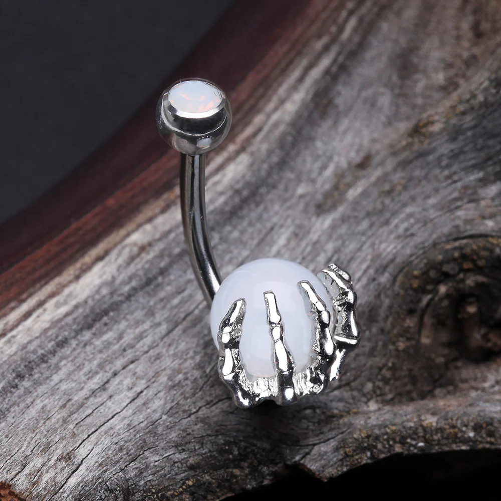 Moonstone Orb Shine Skeleton Hand Belly Button Ring - Image 3