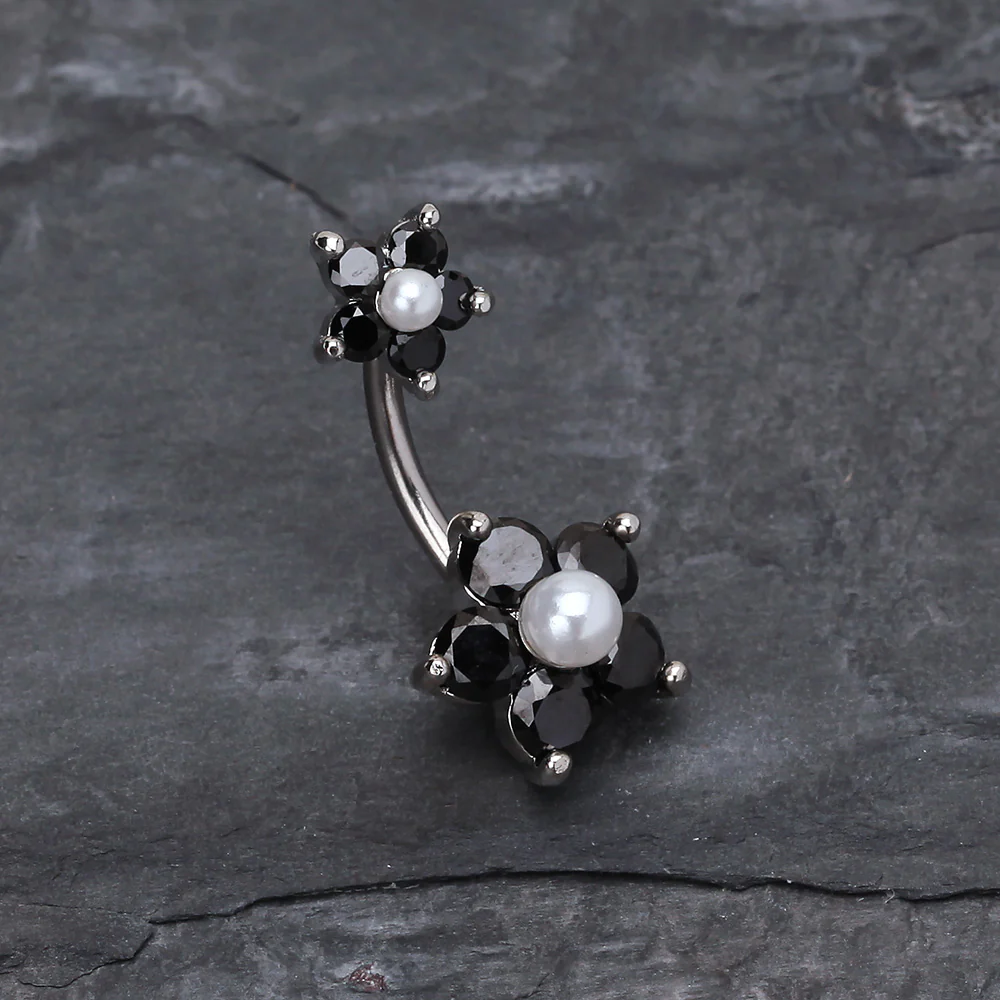 Pearl Bead Flower Sparkle Belly Ring - Image 3