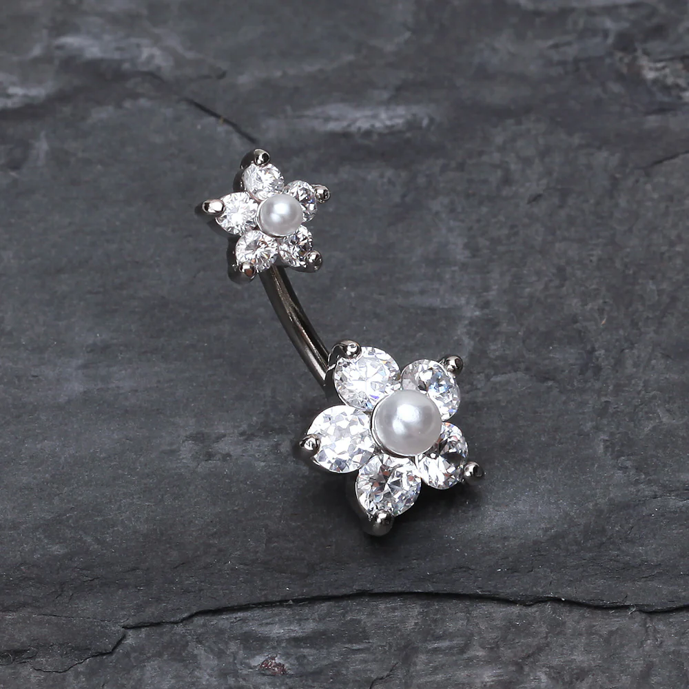 Pearl Bead Flower Sparkle Belly Ring - Image 3