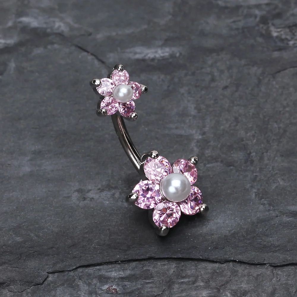 Pearl Bead Flower Sparkle Belly Ring - Image 3